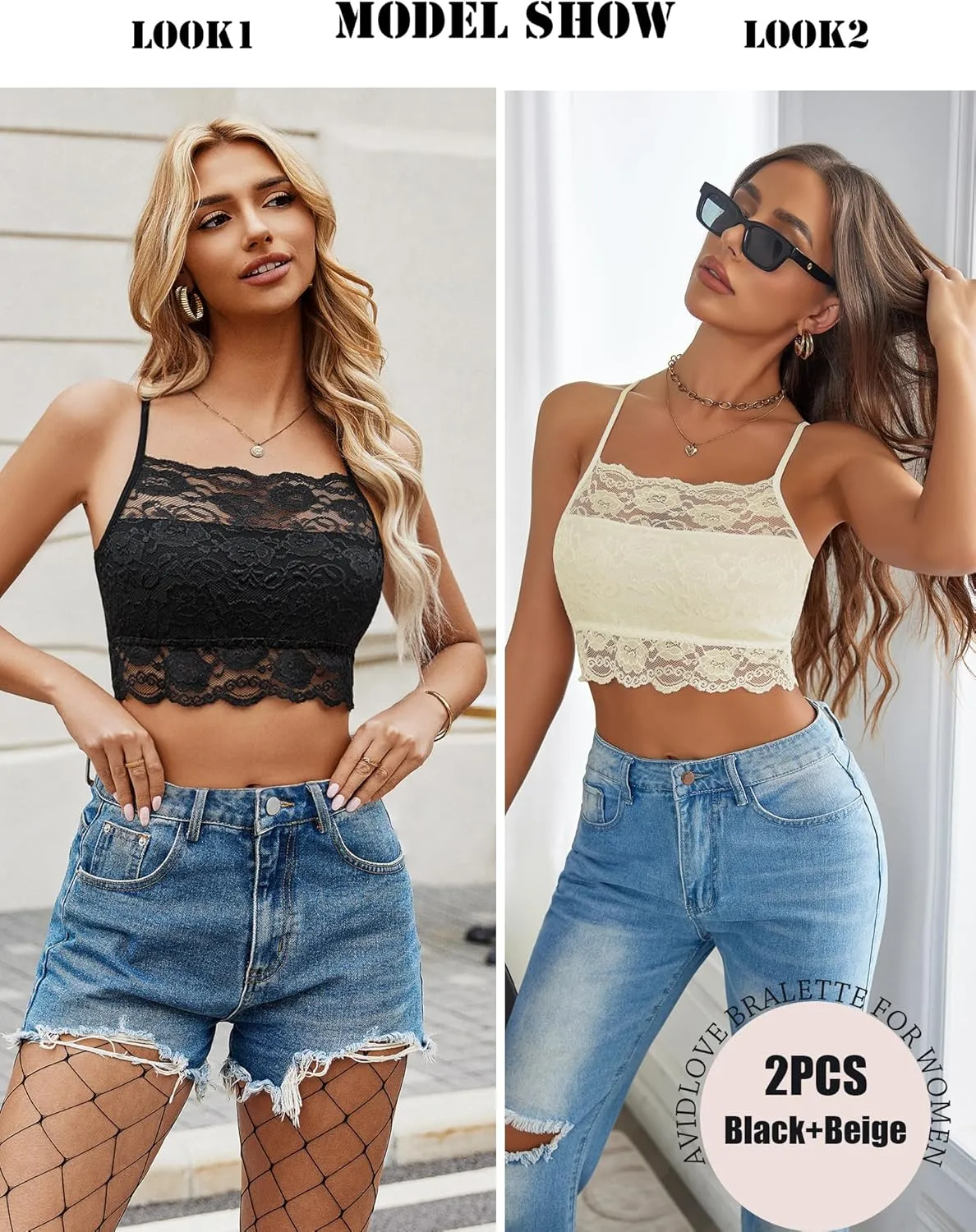 Avidlove 2Pcs Bralettes Wireless Lace Camisoles Racerback Double-Layered Y2K Crop Top