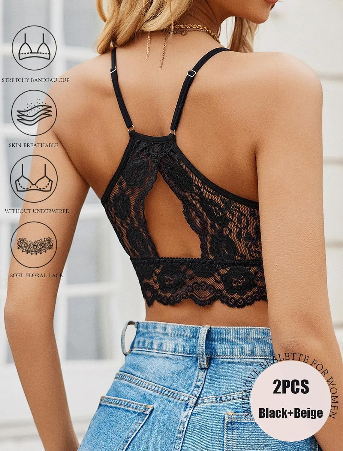 Avidlove 2Pcs Bralettes Wireless Lace Camisoles Racerback Double-Layered Y2K Crop Top