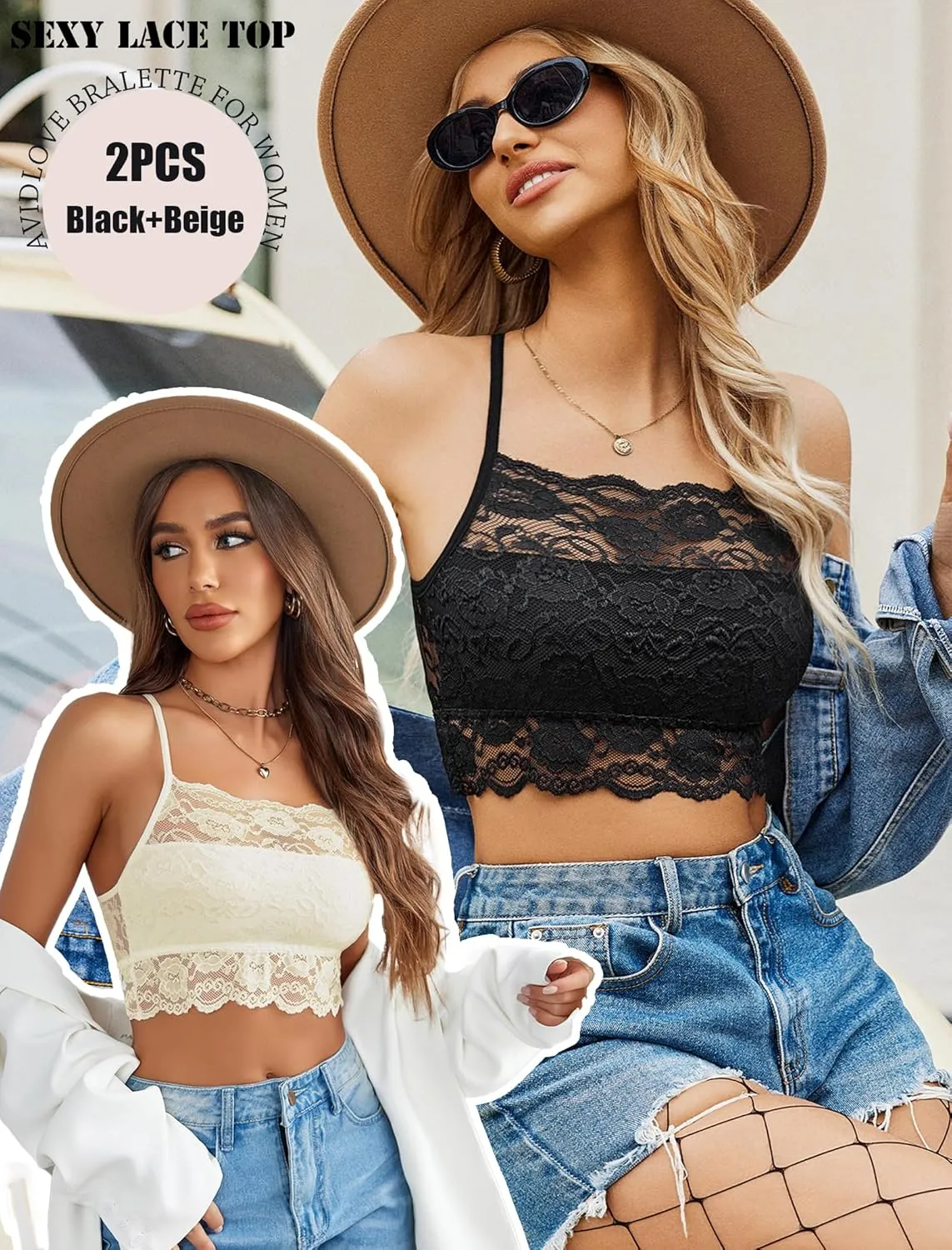 Avidlove 2Pcs Bralettes Wireless Lace Camisoles Racerback Double-Layered Y2K Crop Top