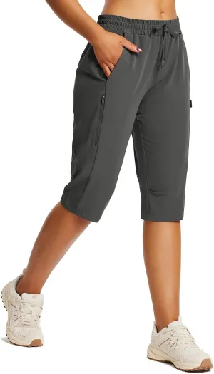 baleaf Women's 15" Long Shorts Below The Knee Capri Hiking Cargo Shorts Lightweight Quick Dry Elastic Waist for Casual