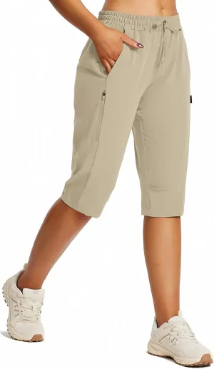 baleaf Women's 15" Long Shorts Below The Knee Capri Hiking Cargo Shorts Lightweight Quick Dry Elastic Waist for Casual