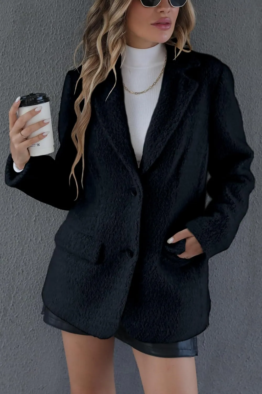Bellivera Woman's Faux Leather Blazer Open Front Business Casual Jacket Mid-Length Spring Fashion Coat with Pockets