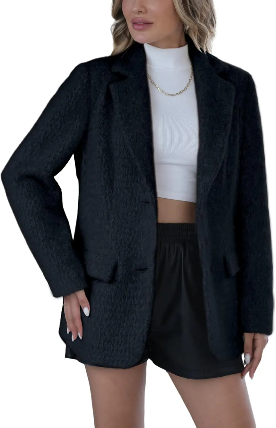 Bellivera Woman's Faux Leather Blazer Open Front Business Casual Jacket Mid-Length Spring Fashion Coat with Pockets