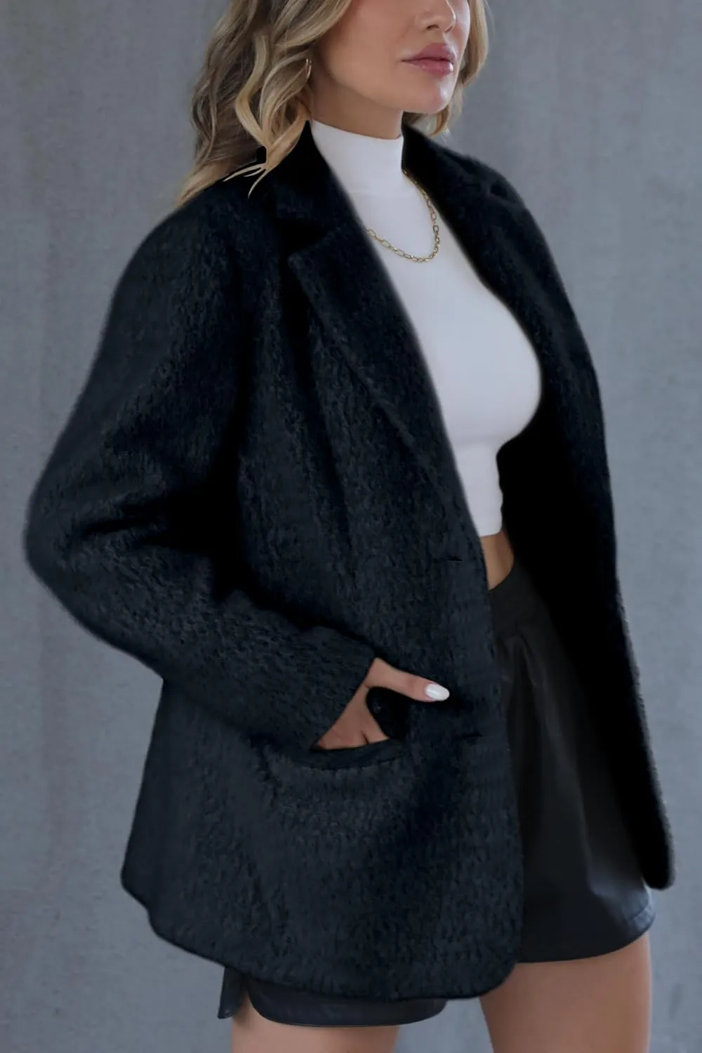 Bellivera Woman's Faux Leather Blazer Open Front Business Casual Jacket Mid-Length Spring Fashion Coat with Pockets