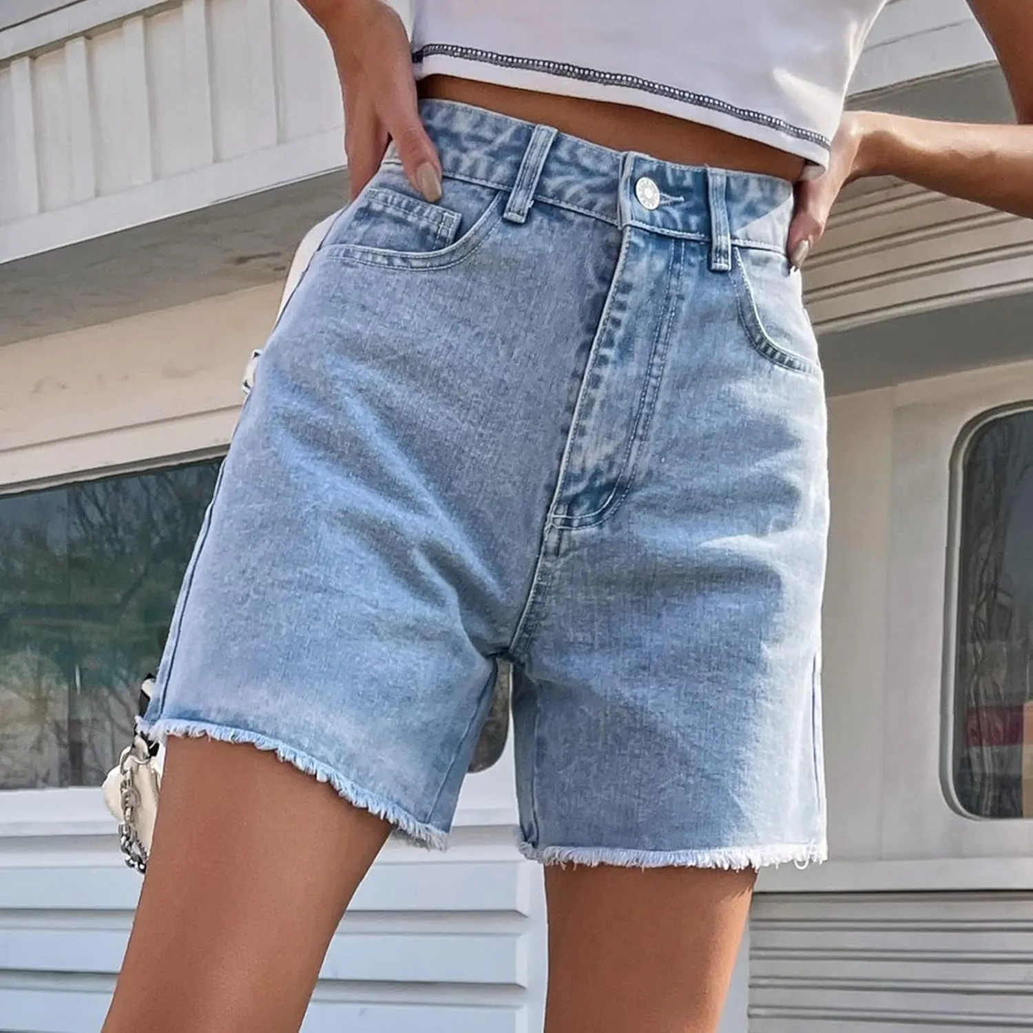 Bermuda Jean Shorts for Women High Waisted Trendy Stretchy Long Denim Shorts Straight Leg Cutoff Casual Pants w/Pocket