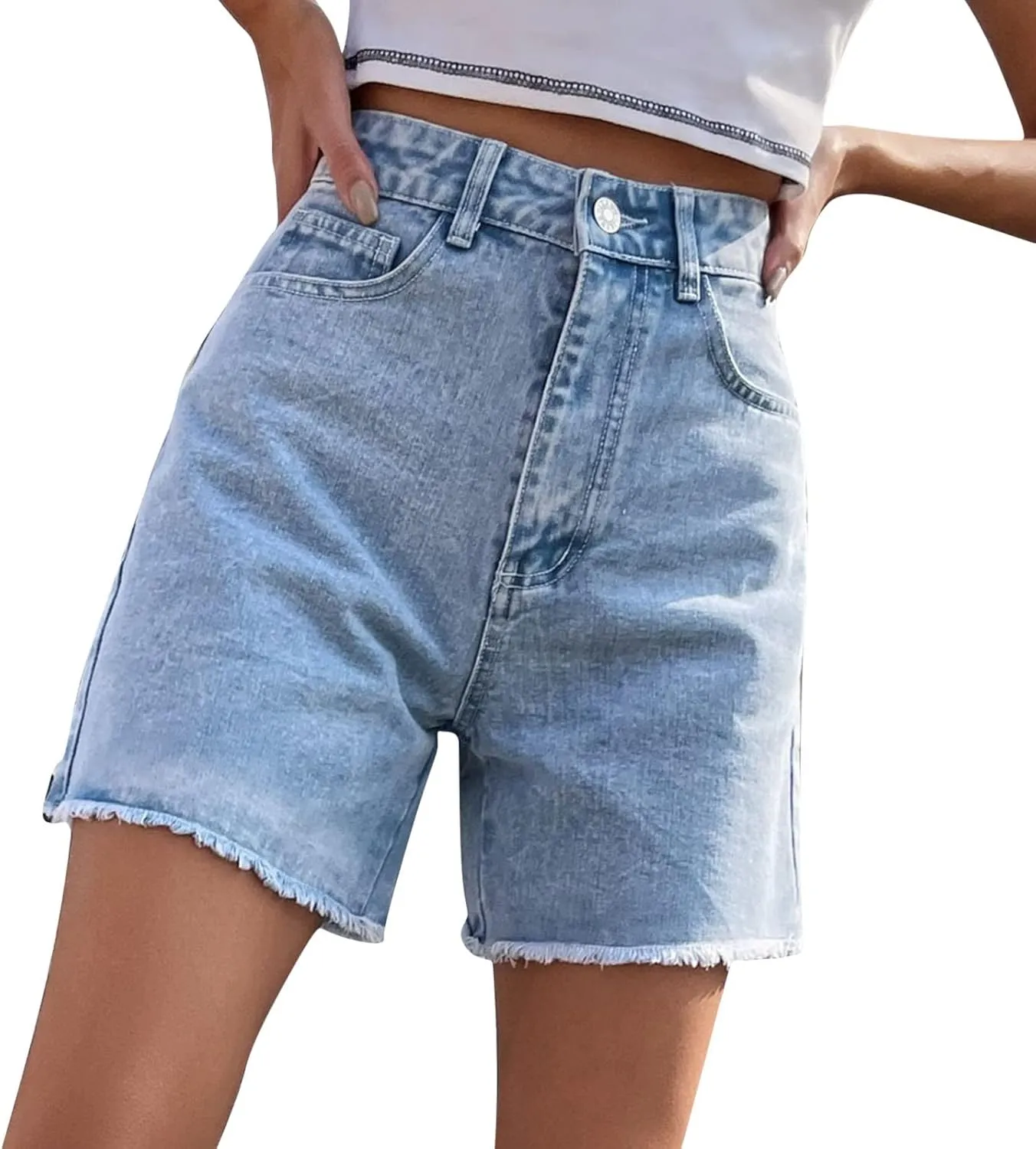 Bermuda Jean Shorts for Women High Waisted Trendy Stretchy Long Denim Shorts Straight Leg Cutoff Casual Pants w/Pocket