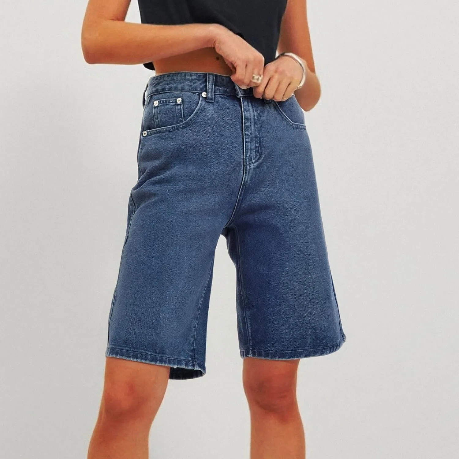 Bermuda Jean Shorts for Women High Waisted Wide Leg Trendy Stretchy Denim Shorts Knee Length Loose Fit Short Pants