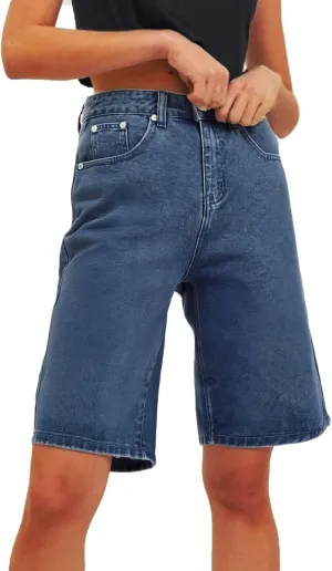 Bermuda Jean Shorts for Women High Waisted Wide Leg Trendy Stretchy Denim Shorts Knee Length Loose Fit Short Pants