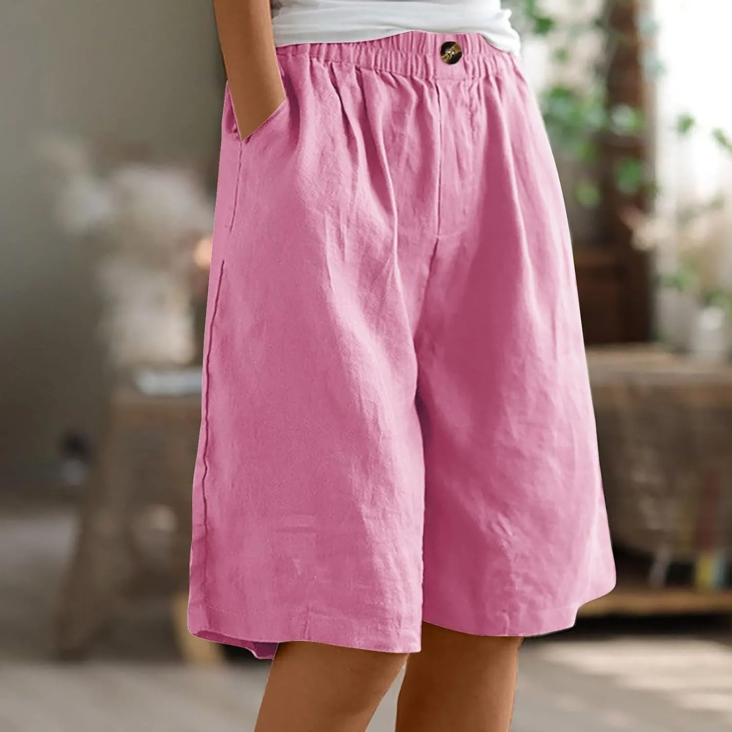 Bermuda Shorts for Women Knee Length Summer Beach Linen Shorts Lightweight Wide Leg High Waisted Long Short w/Pockets