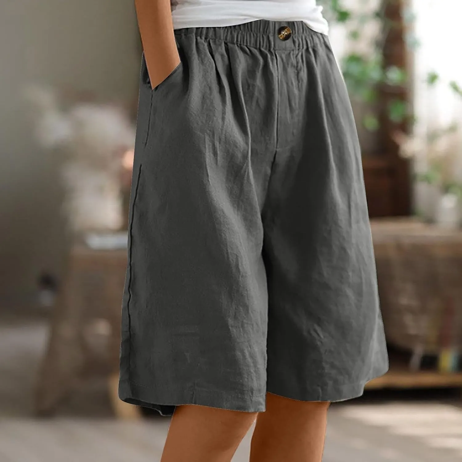 Bermuda Shorts for Women Knee Length Summer Beach Linen Shorts Lightweight Wide Leg High Waisted Long Short w/Pockets
