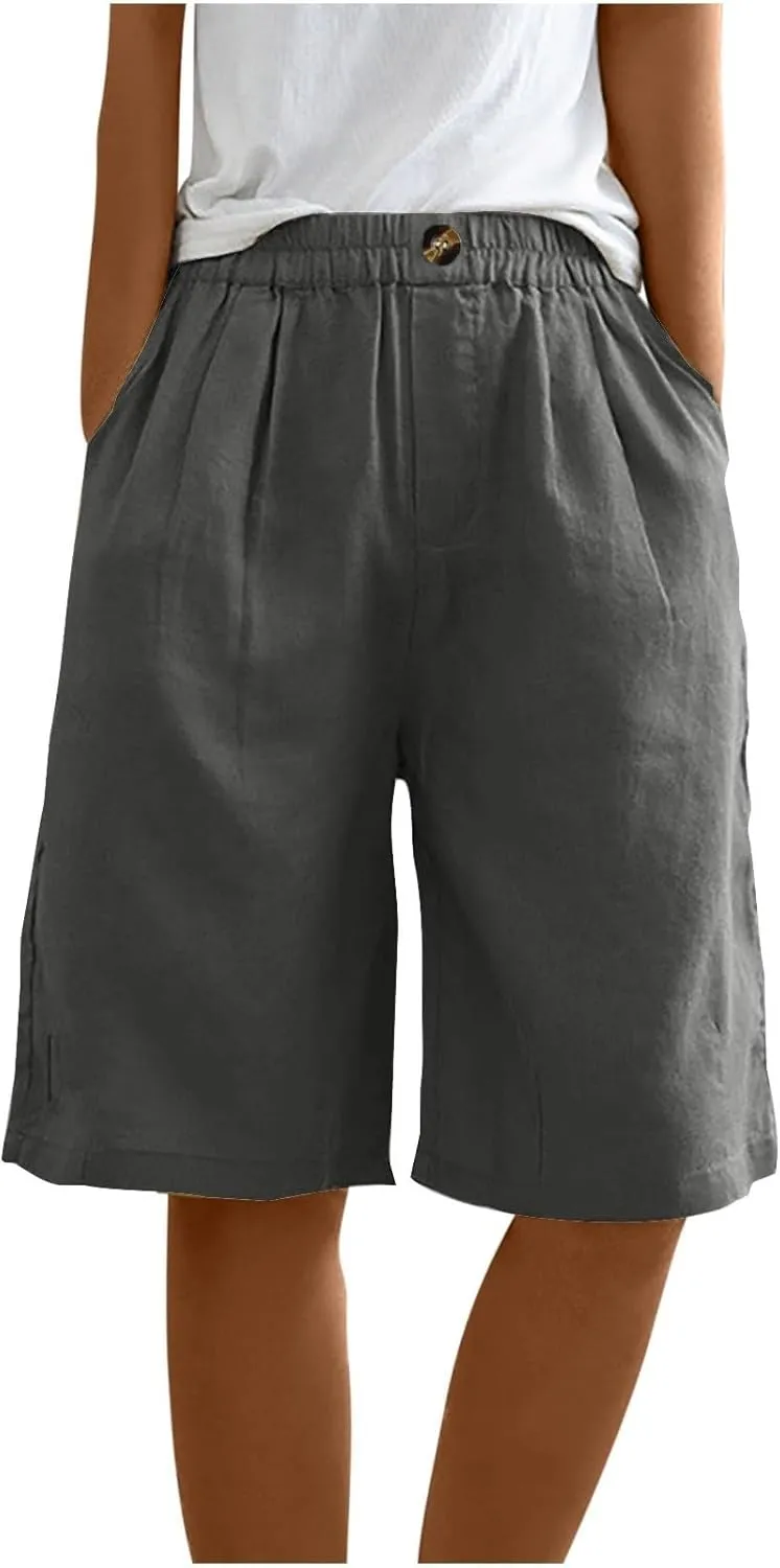 Bermuda Shorts for Women Knee Length Summer Beach Linen Shorts Lightweight Wide Leg High Waisted Long Short w/Pockets