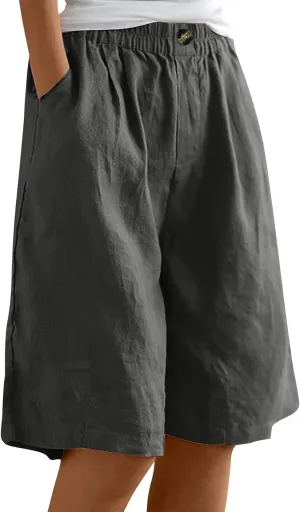 Bermuda Shorts for Women Knee Length Summer Beach Linen Shorts Lightweight Wide Leg High Waisted Long Short w/Pockets