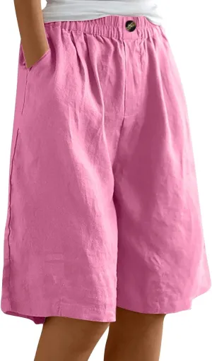 Bermuda Shorts for Women Knee Length Summer Beach Linen Shorts Lightweight Wide Leg High Waisted Long Short w/Pockets