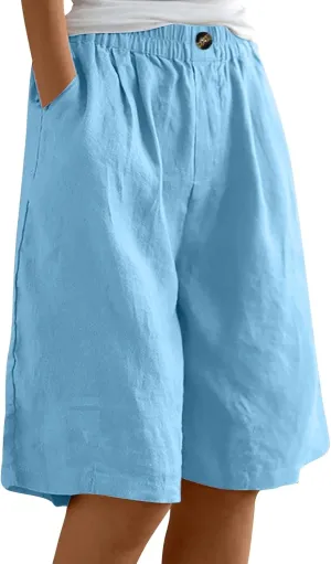 Bermuda Shorts for Women Knee Length Summer Beach Linen Shorts Lightweight Wide Leg High Waisted Long Short w/Pockets