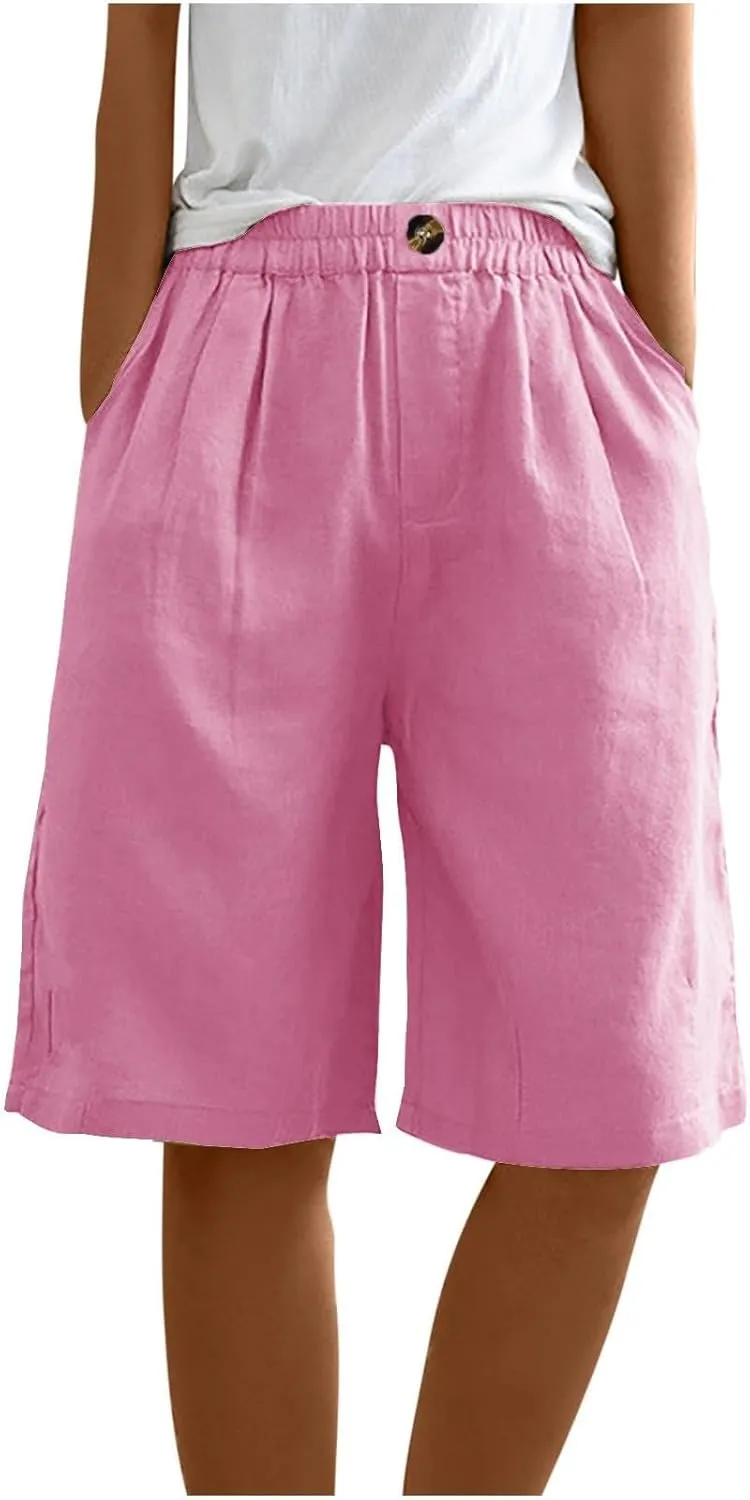 Bermuda Shorts for Women Knee Length Summer Beach Linen Shorts Lightweight Wide Leg High Waisted Long Short w/Pockets