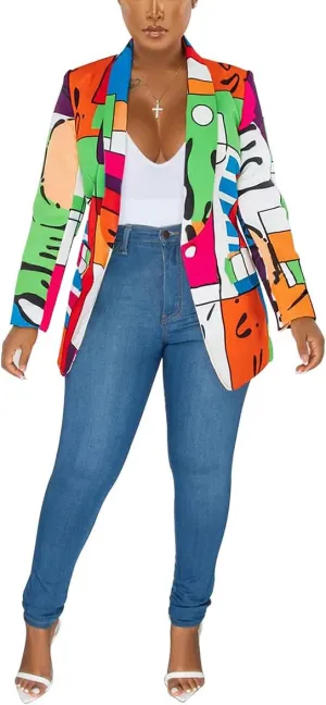 BFFBABY Women's Graphic Print Blazer Button Open Front Lapel Collar Long Sleeve Casual Jacket Multicolored