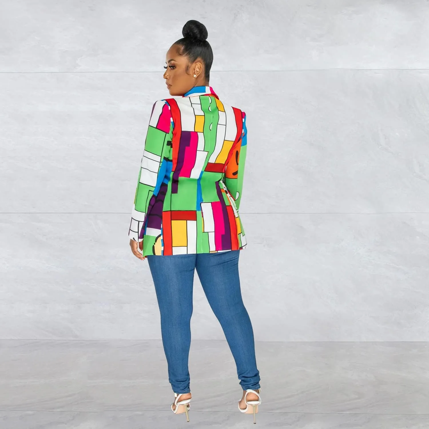 BFFBABY Women's Graphic Print Blazer Button Open Front Lapel Collar Long Sleeve Casual Jacket Multicolored