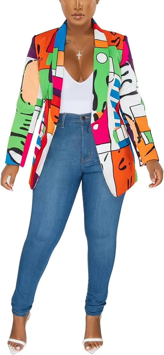BFFBABY Women's Graphic Print Blazer Button Open Front Lapel Collar Long Sleeve Casual Jacket Multicolored