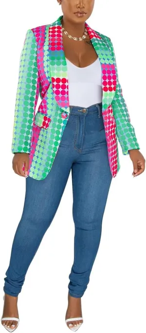 BFFBABY Women's Graphic Print Blazer Button Open Front Lapel Collar Long Sleeve Casual Jacket Multicolored