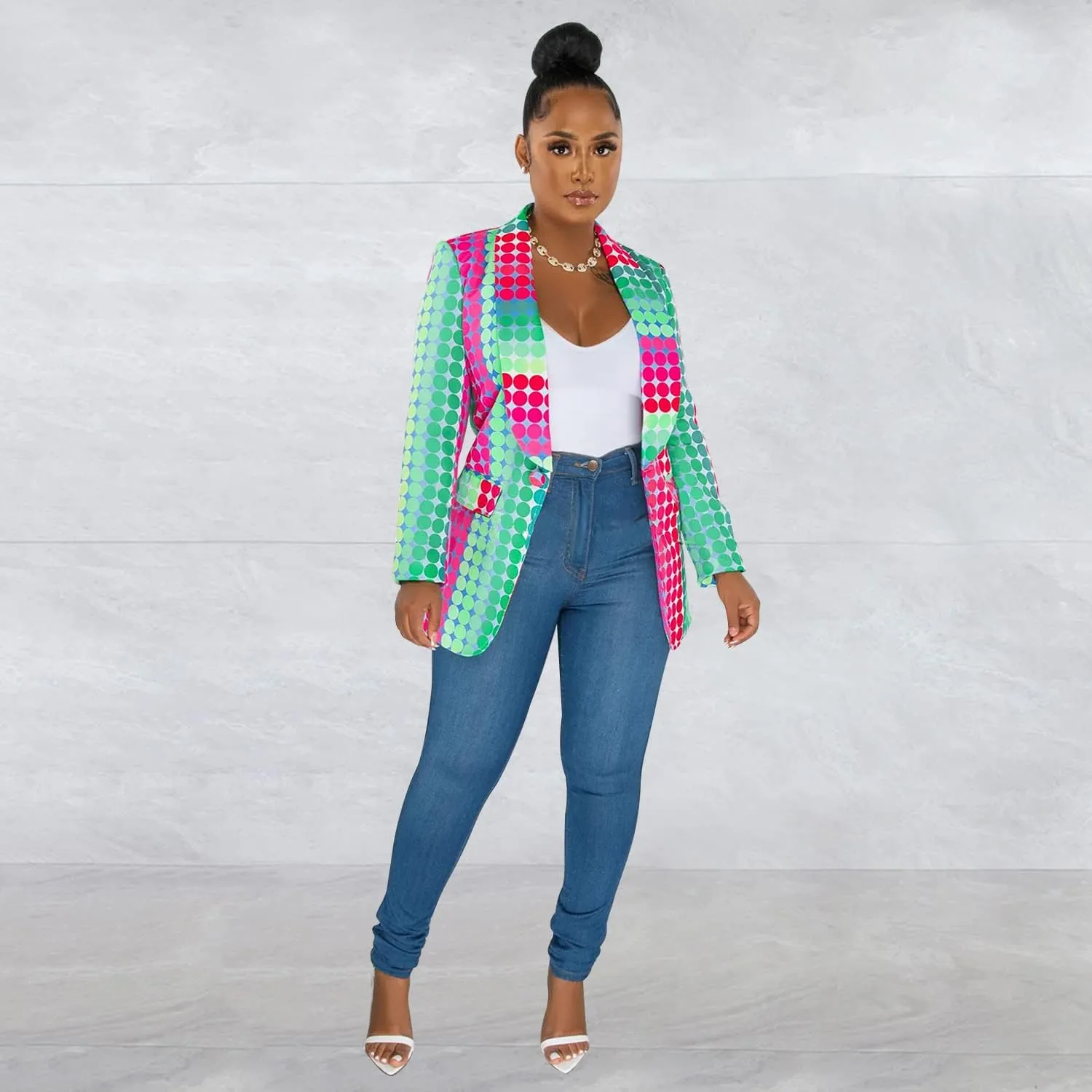 BFFBABY Women's Graphic Print Blazer Button Open Front Lapel Collar Long Sleeve Casual Jacket Multicolored