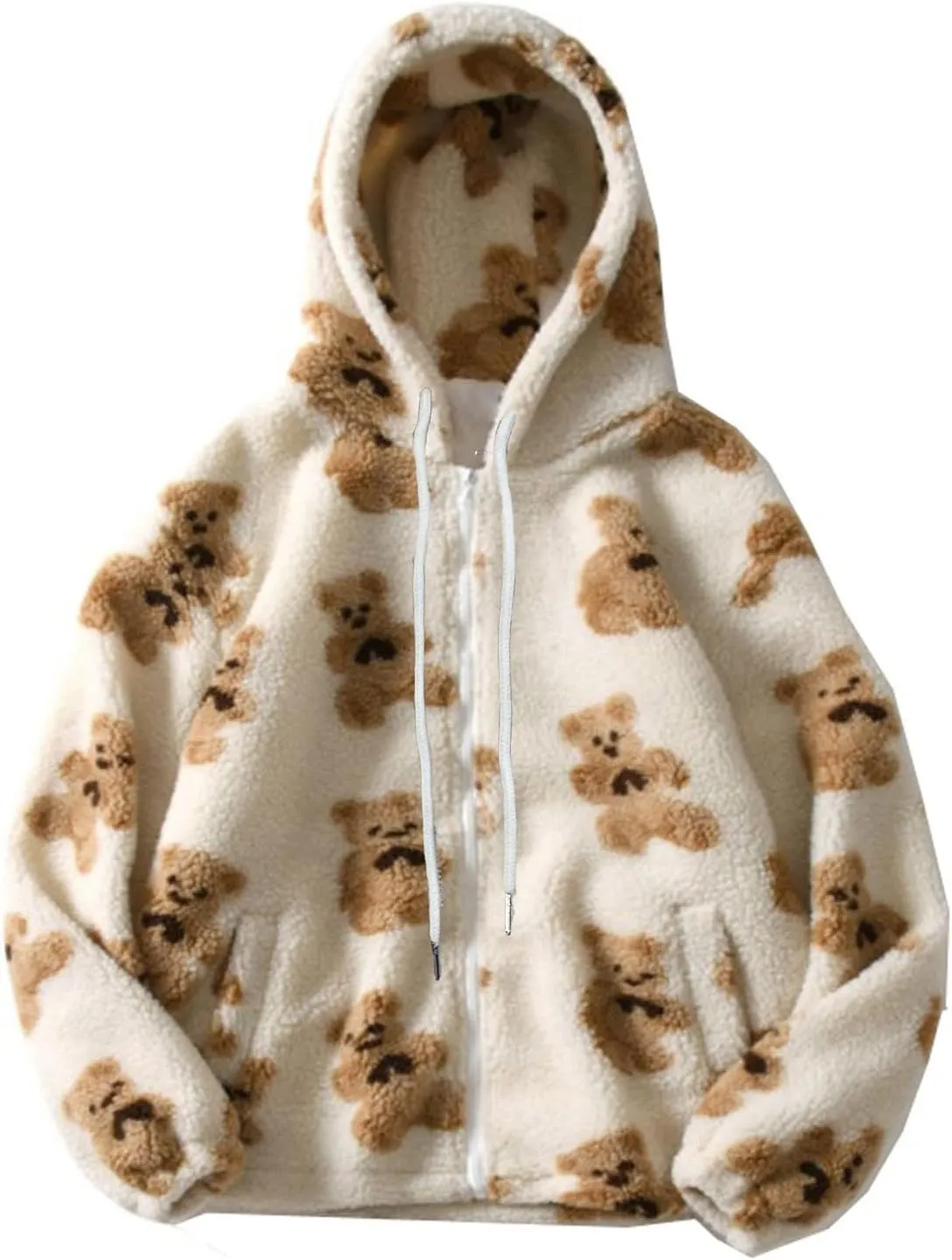 Binmer Oversized Sherpa Jacket for Women Fuzzy Fleece Cute Teddy Bear Print Coat Zip Long Sleeve Hooded Outwear with Pocket