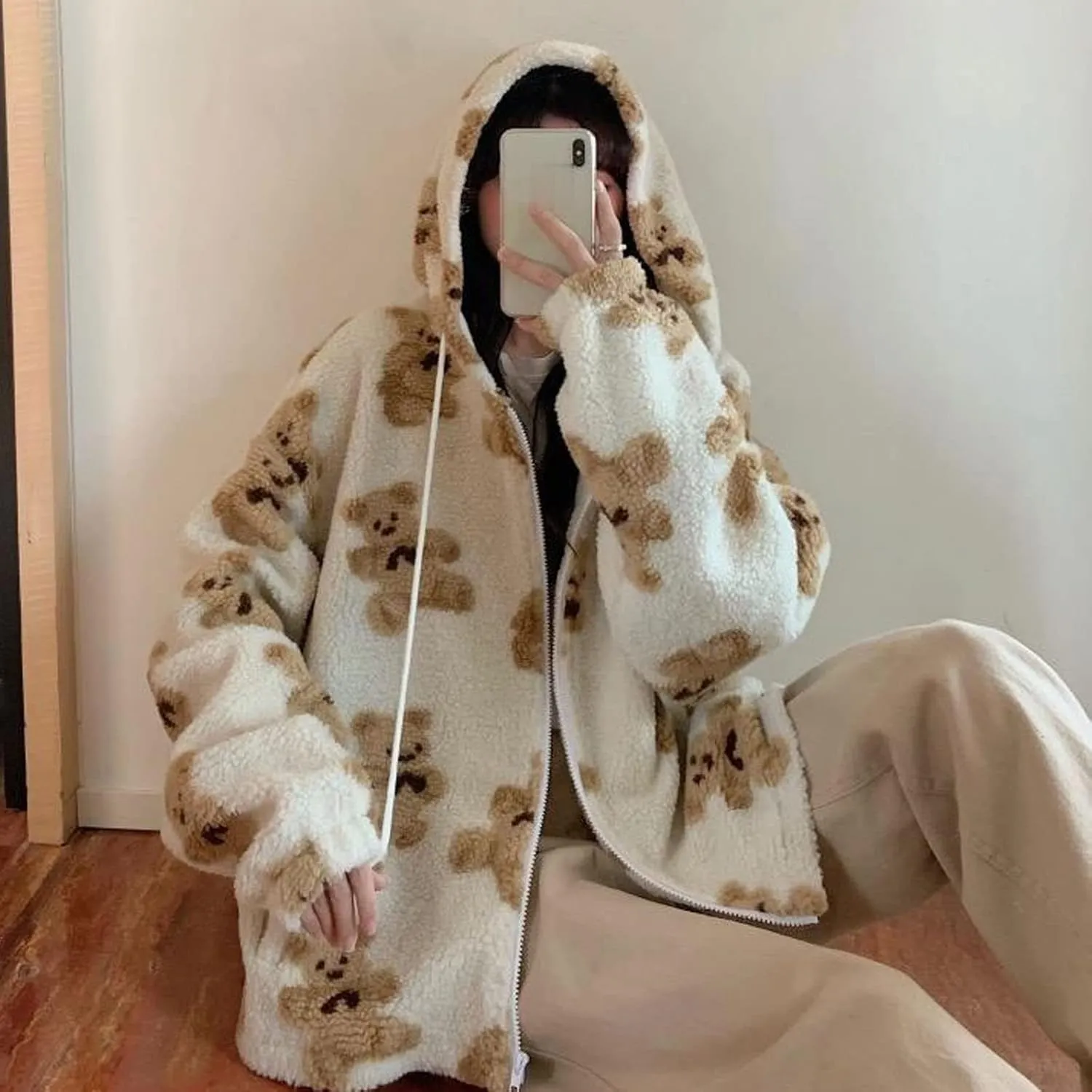 Binmer Oversized Sherpa Jacket for Women Fuzzy Fleece Cute Teddy Bear Print Coat Zip Long Sleeve Hooded Outwear with Pocket
