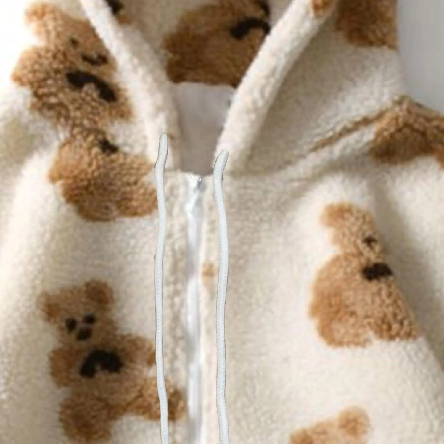 Binmer Oversized Sherpa Jacket for Women Fuzzy Fleece Cute Teddy Bear Print Coat Zip Long Sleeve Hooded Outwear with Pocket