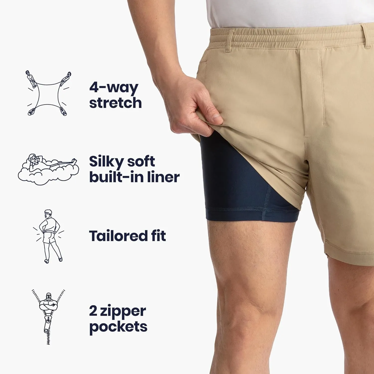 birddogs Mens Khaki Shorts  Casual, Slim Fit, Stretch Shorts with Built-in Liner for Comfort  Regular Length, 7 Inseam