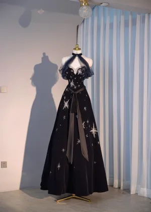 Black Halter Off Shoulder A-Line Long Prom Dresses Evening Gowns, D1211