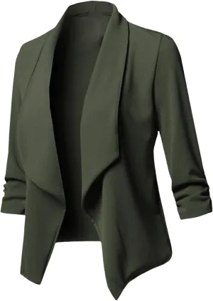 Blazers for Women Stretch 3/4 Gathered Sleeve Open Blazer Jacket Classic Draped Open Front Lightweight Blazer Tops