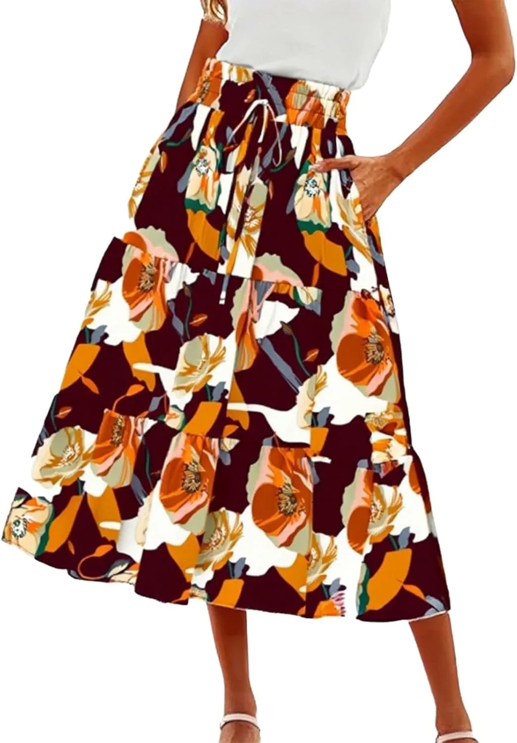 Boho Midi Skirts for Women High Waisted Drawstring A Line Flowy Floral Tiered Skirt Summer Beach Swing Skater Skirt