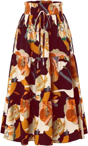 Boho Midi Skirts for Women High Waisted Drawstring A Line Flowy Floral Tiered Skirt Summer Beach Swing Skater Skirt