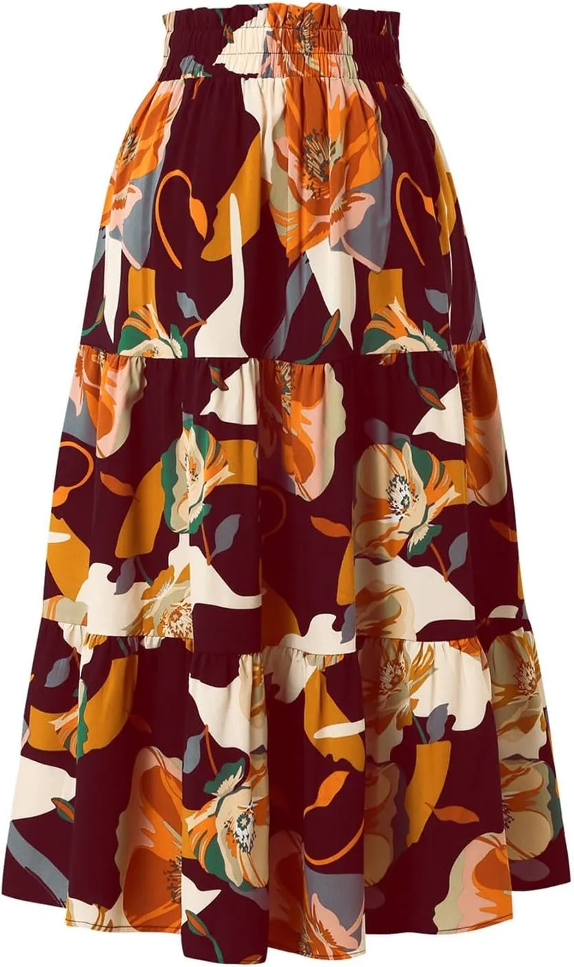 Boho Midi Skirts for Women High Waisted Drawstring A Line Flowy Floral Tiered Skirt Summer Beach Swing Skater Skirt