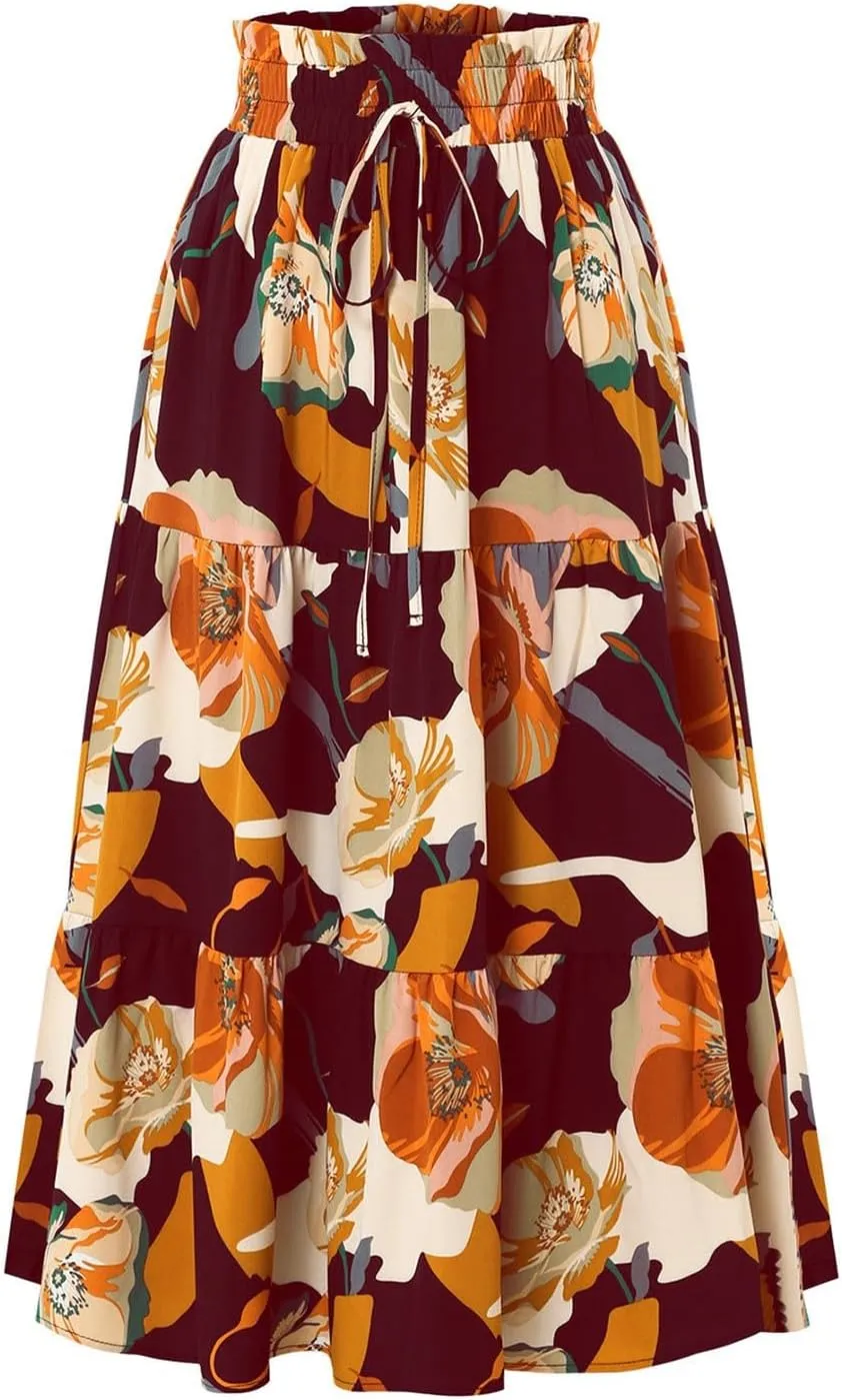 Boho Midi Skirts for Women High Waisted Drawstring A Line Flowy Floral Tiered Skirt Summer Beach Swing Skater Skirt