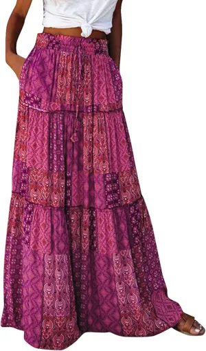 Boho Womens Tiered High Waist Tie Paisley Floral Print Long Maxi Skirt with Pockets