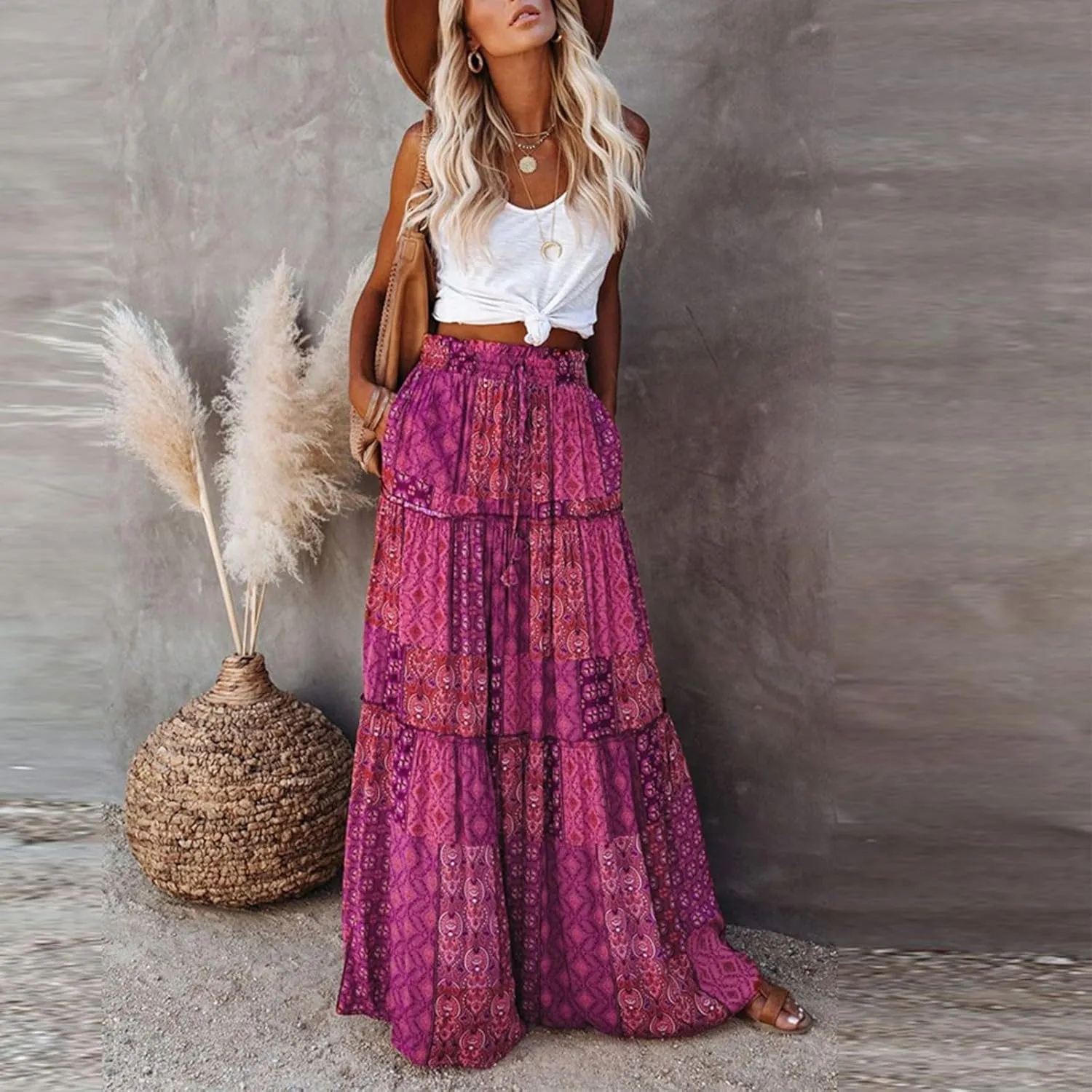 Boho Womens Tiered High Waist Tie Paisley Floral Print Long Maxi Skirt with Pockets