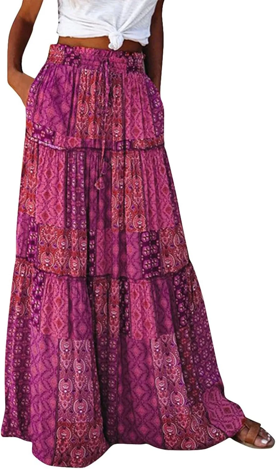 Boho Womens Tiered High Waist Tie Paisley Floral Print Long Maxi Skirt with Pockets