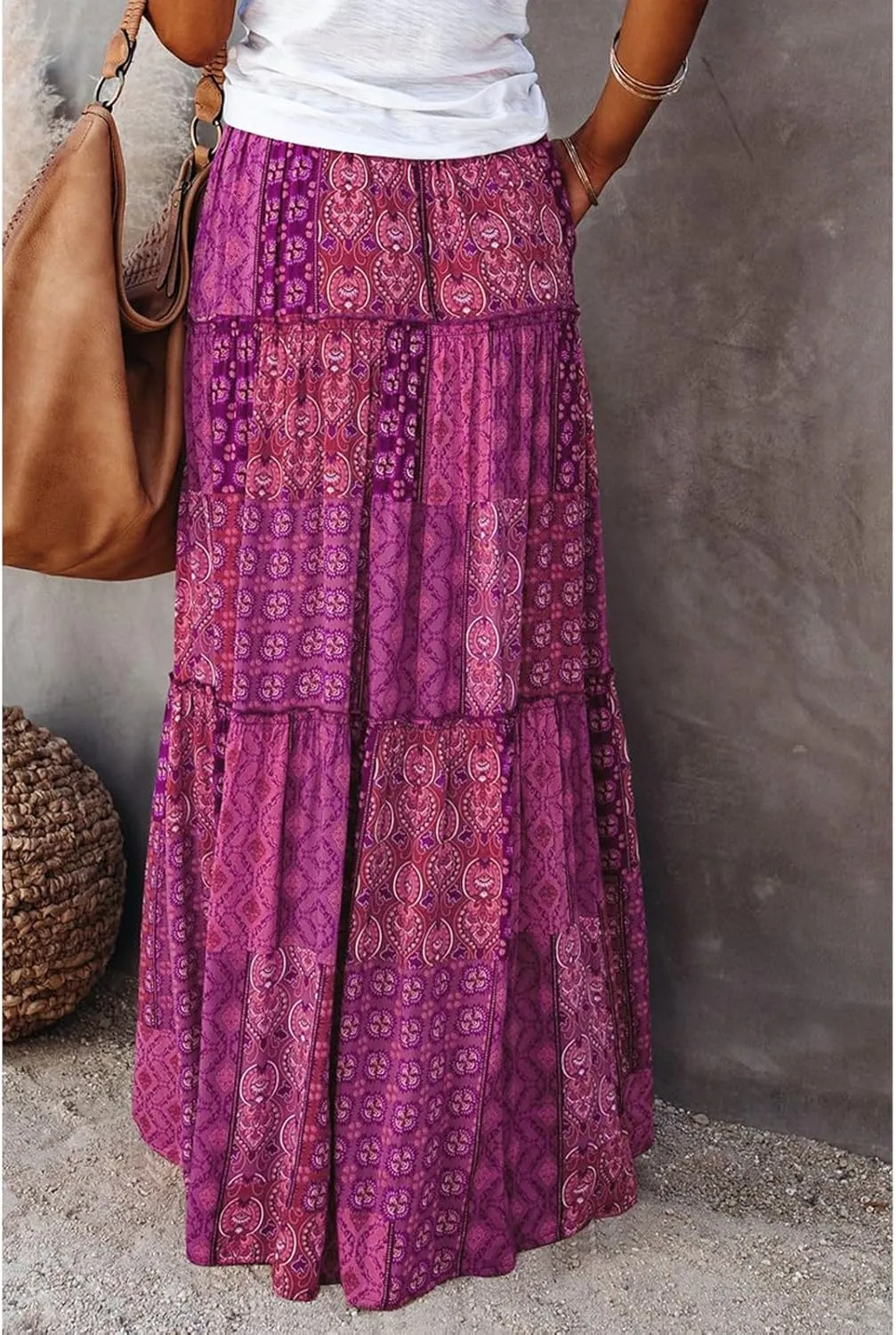 Boho Womens Tiered High Waist Tie Paisley Floral Print Long Maxi Skirt with Pockets