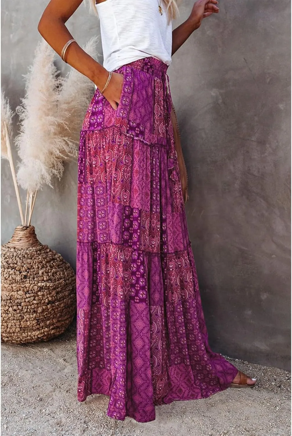 Boho Womens Tiered High Waist Tie Paisley Floral Print Long Maxi Skirt with Pockets