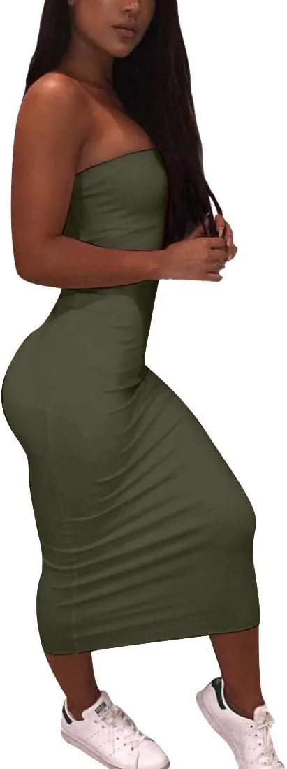 BORIFLORS Women's Basic Sleeveless Tube Top Sexy Strapless Bodycon Midi Club Dress