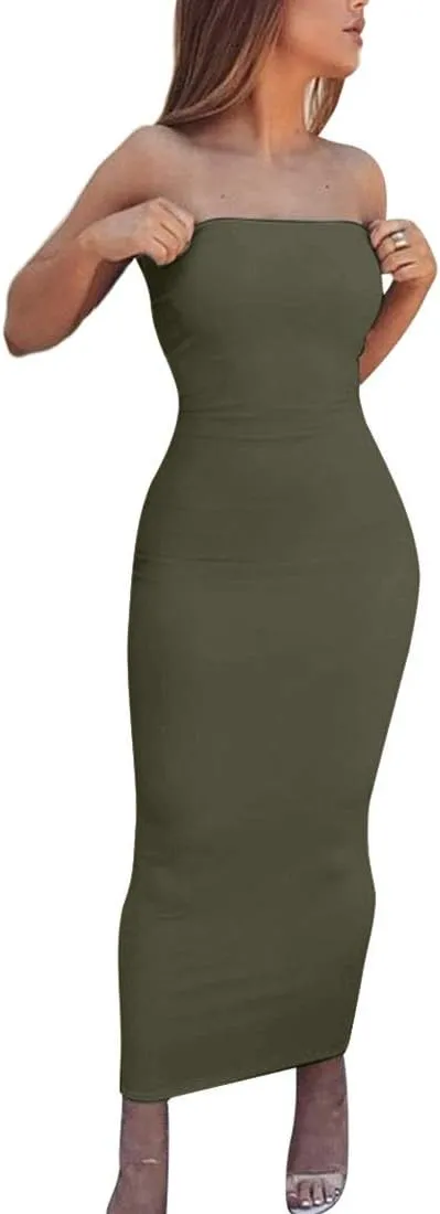 BORIFLORS Women's Basic Sleeveless Tube Top Sexy Strapless Bodycon Midi Club Dress