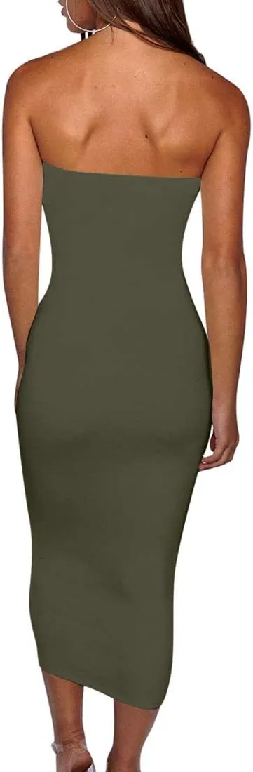 BORIFLORS Women's Basic Sleeveless Tube Top Sexy Strapless Bodycon Midi Club Dress