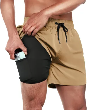 BRISIRA Mens Swim Trunks Swim Shorts Quick Dry 5 inch Inseam Beach Shorts with Compression Liner and Zipper Pocket