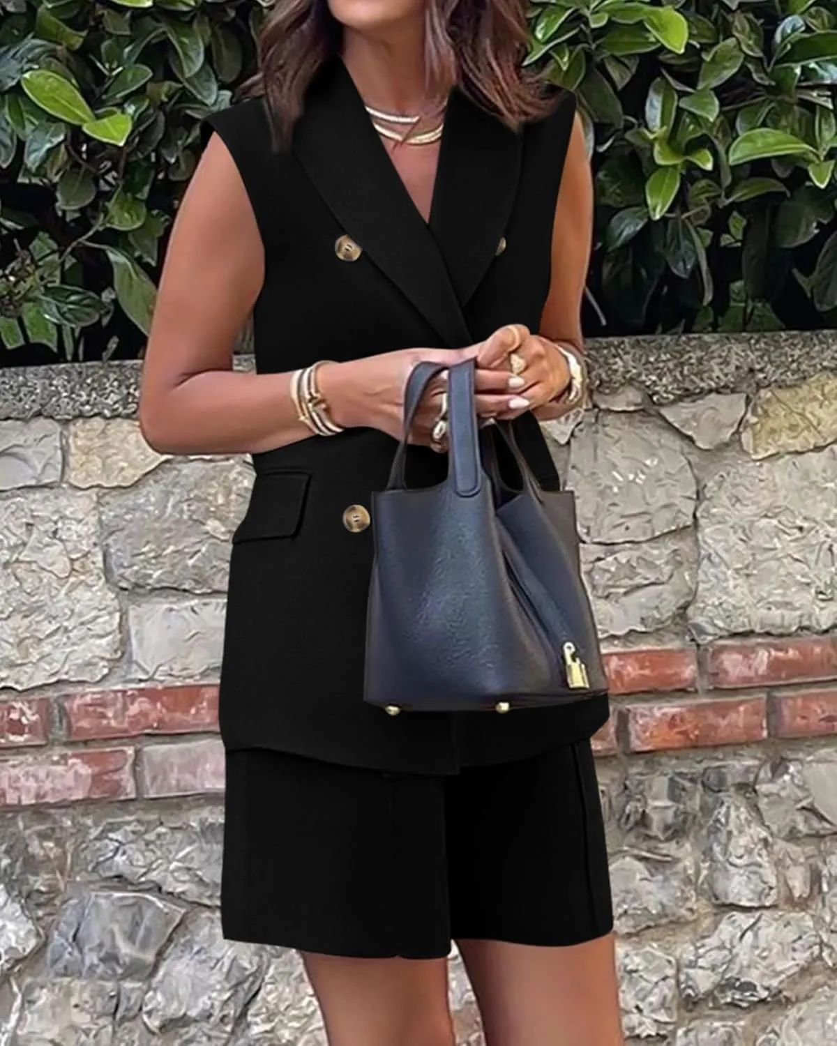 BTFBM Womens Blazer Vest Shorts Sets Lapel Neck Casual Sleeveless Button Down Office Summer 2 Piece Lounge Matching Sets