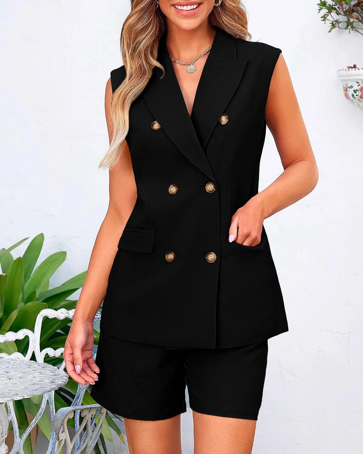BTFBM Womens Blazer Vest Shorts Sets Lapel Neck Casual Sleeveless Button Down Office Summer 2 Piece Lounge Matching Sets