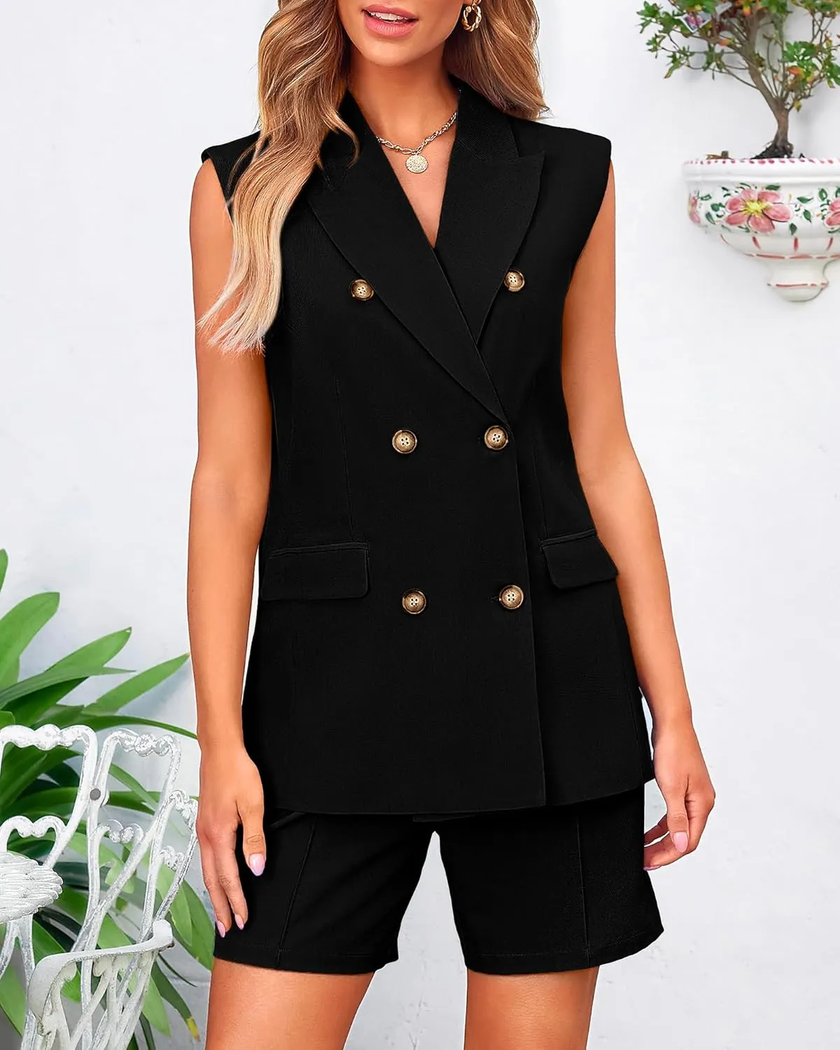 BTFBM Womens Blazer Vest Shorts Sets Lapel Neck Casual Sleeveless Button Down Office Summer 2 Piece Lounge Matching Sets