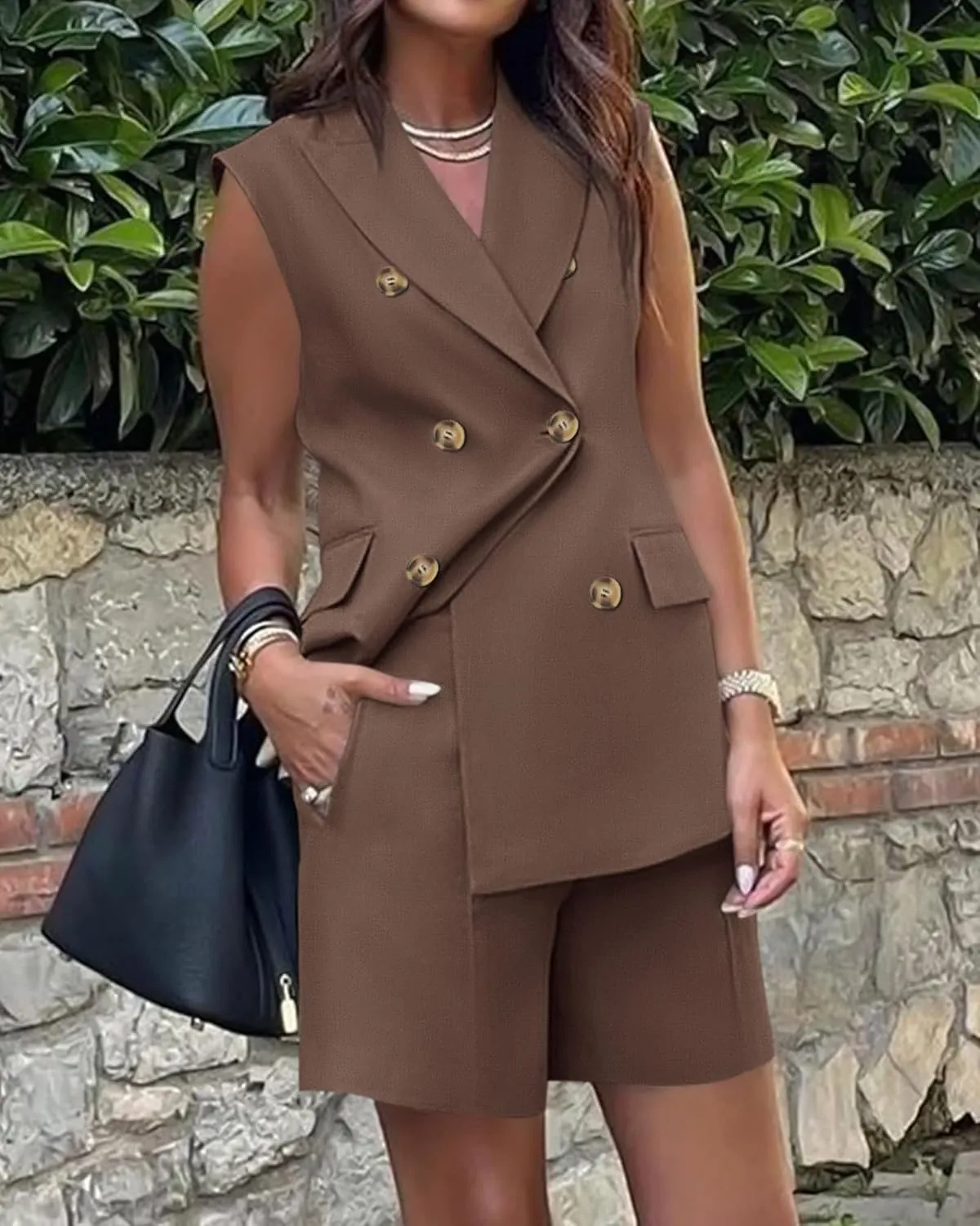 BTFBM Womens Blazer Vest Shorts Sets Lapel Neck Casual Sleeveless Button Down Office Summer 2 Piece Lounge Matching Sets