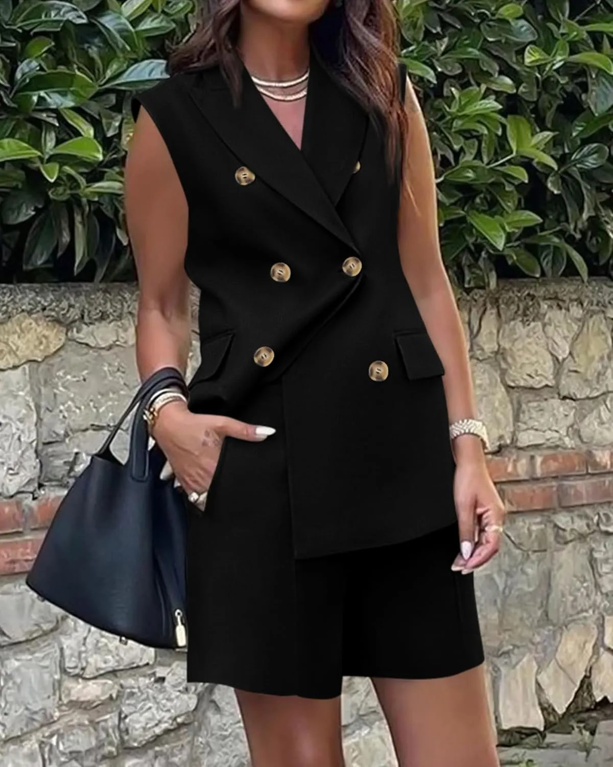 BTFBM Womens Blazer Vest Shorts Sets Lapel Neck Casual Sleeveless Button Down Office Summer 2 Piece Lounge Matching Sets