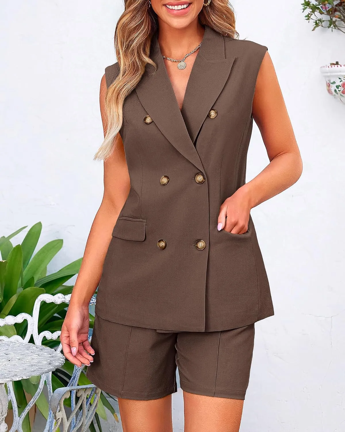 BTFBM Womens Blazer Vest Shorts Sets Lapel Neck Casual Sleeveless Button Down Office Summer 2 Piece Lounge Matching Sets