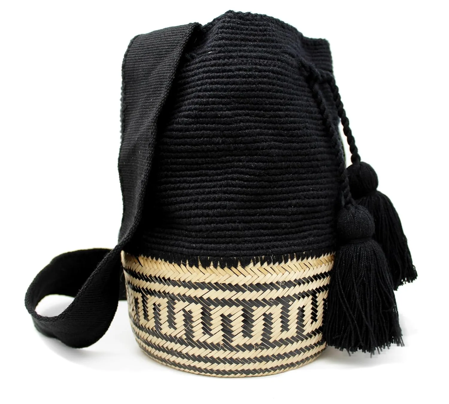 Bucket Bag Organic Cotton and Wicker Handmade Fairtrade Mochila Wayuu with Traditional Colombian Caa Flecha in Black and Tan